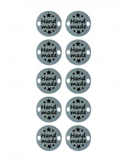 Набор шильдиков круглых матовых из нержавеющей стали AISI304, диаметр 15х0,8 мм с гравировкой HAND MADE (10 шт.)