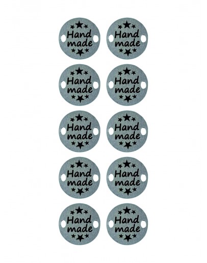 Набор шильдиков круглых матовых из нержавеющей стали AISI304, диаметр 15х0,8 мм с гравировкой HAND MADE (10 шт.)